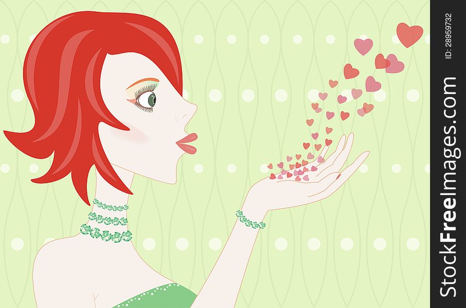 Young girl blowing hearts on green wave background. Young girl blowing hearts on green wave background