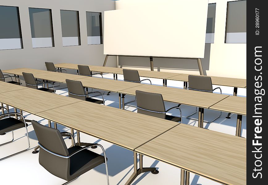 Meeting room, tables, chairs and blackboard