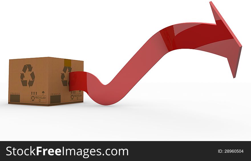 Cardboard and red arrow in 3d. Cardboard and red arrow in 3d