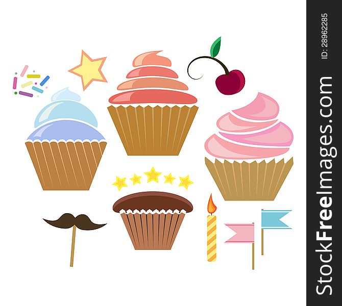 Illustration of color cupcakes isolted on white. Illustration of color cupcakes isolted on white