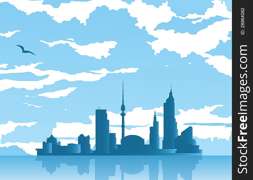 Travel to a distant city on the horizon. Vector city with reflection in the sea surface.