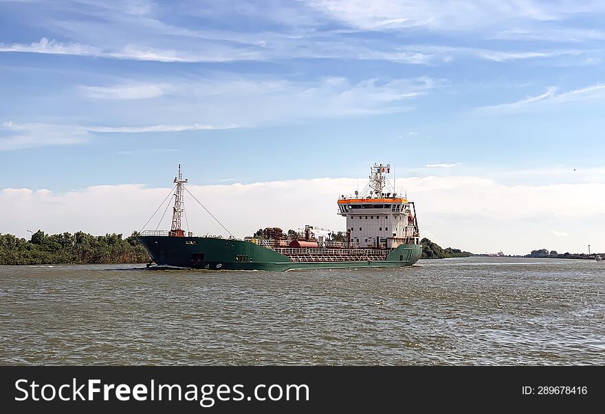 Cargo Ship Transiting Danube Waterway Through Sulina