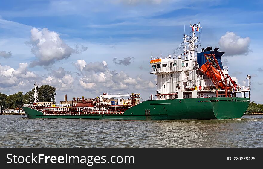 Cargo Ship Transiting Danube Waterway Through Sulina