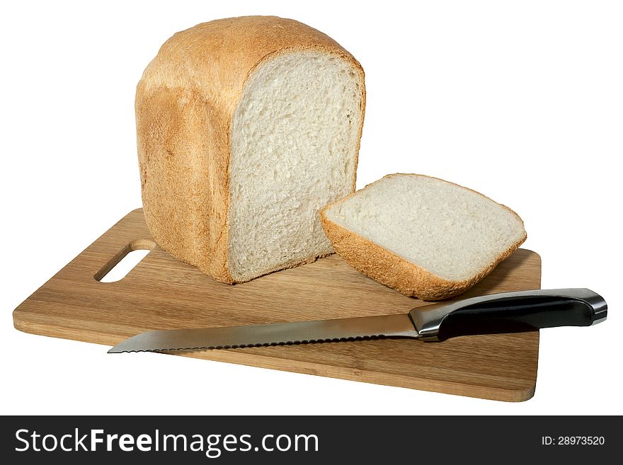 Homemade bread on a cutting board isolated on white background. Homemade bread on a cutting board isolated on white background