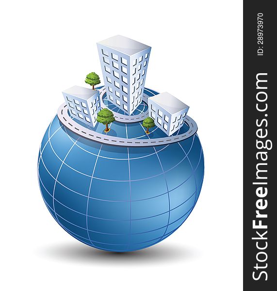 Vector isometric illustration of a globe with the city on travel