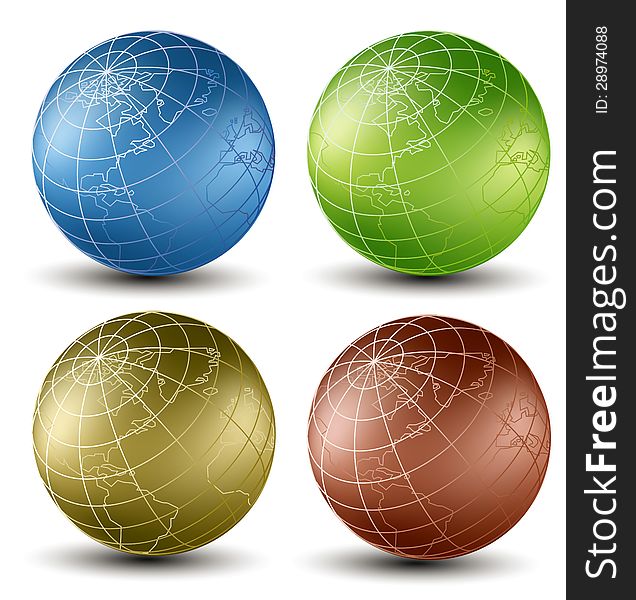 Isometric earth globes set different colors on a white background