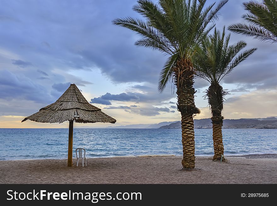 View on the gulf of Aqaba from sandy beach of Eilat