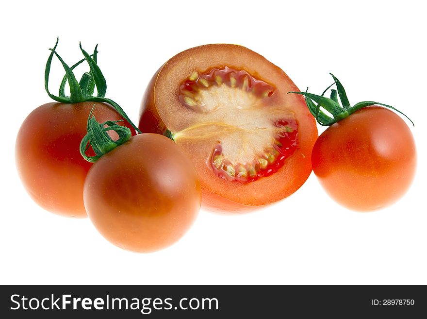 Tomatoes located on a white background