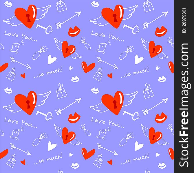 Seamless pattern with hearts, rings, kisses, birds, gifts, arrows and other romantic symbols on a purple background. Seamless pattern with hearts, rings, kisses, birds, gifts, arrows and other romantic symbols on a purple background