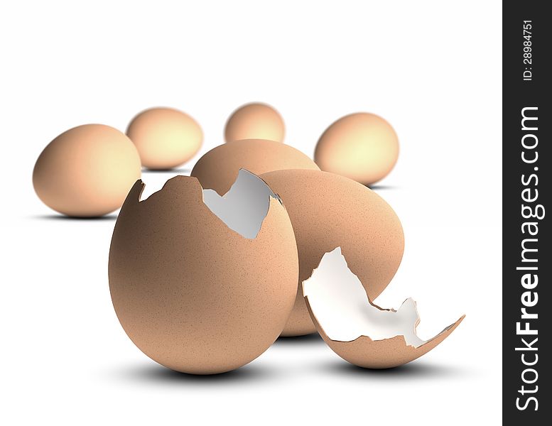 One open egg and many whole eggs, white background, concept of uniqueness. One open egg and many whole eggs, white background, concept of uniqueness