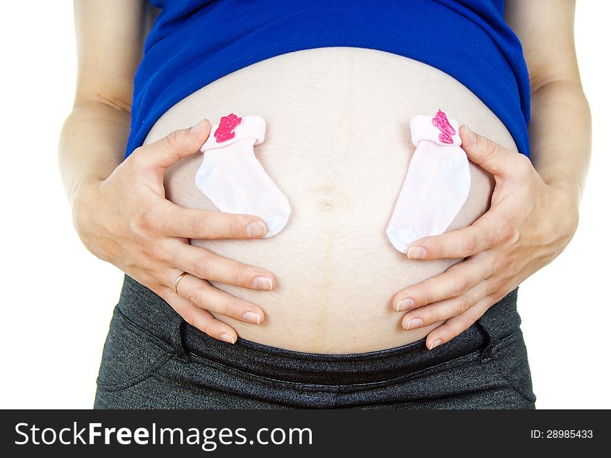 Big belly pregnant girl and children's socks