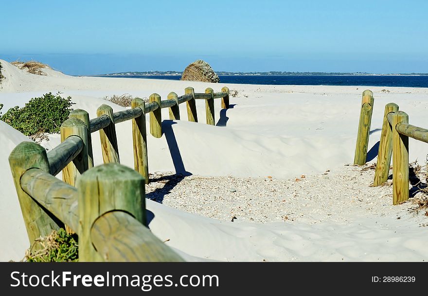 Landscape with wooden poles in white beach sand. Landscape with wooden poles in white beach sand