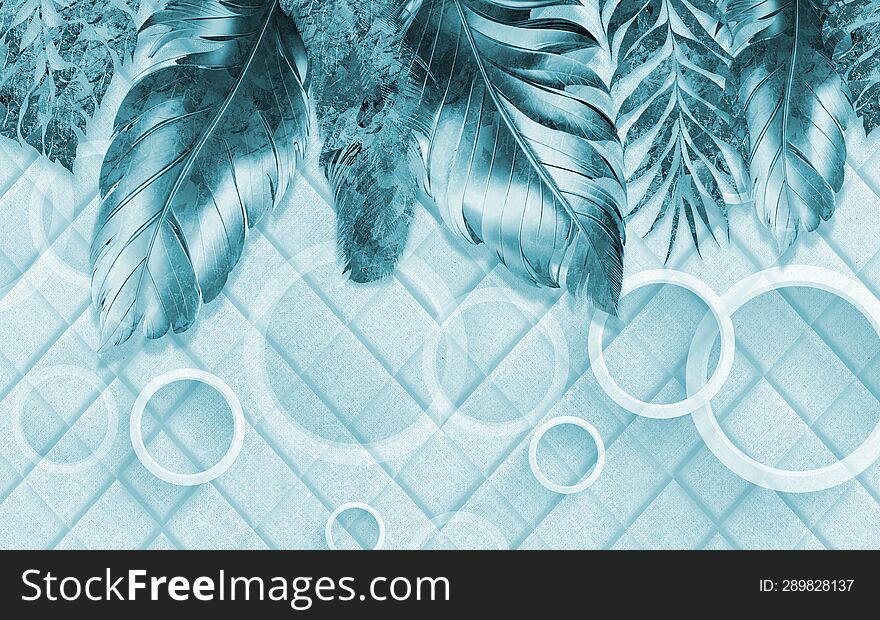 3d Classic Mural Wallpaper. Leaves And White Circles On A Light Blue Background