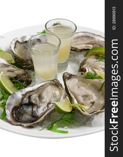 Oysters with lemon and ice on a white plate. Oysters with lemon and ice on a white plate