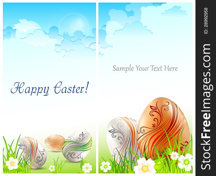 Easter card, eggs with flowers on green grass & text, vector illustration. Easter card, eggs with flowers on green grass & text, vector illustration