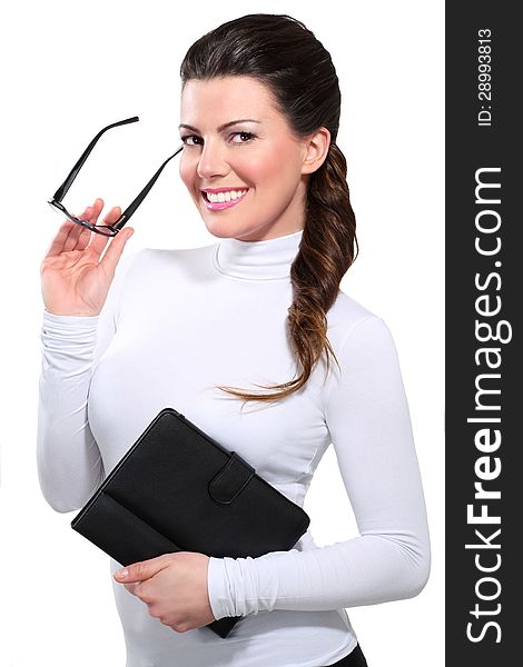 Young beautiful happy business woman with tablet on white