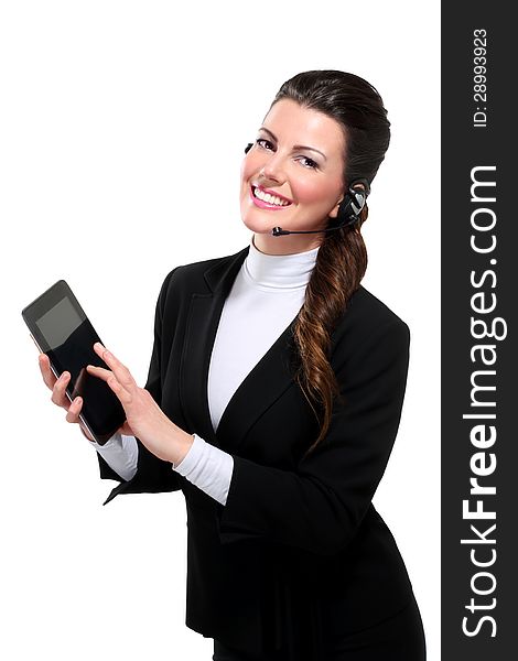 Young beautiful happy business woman with tablet