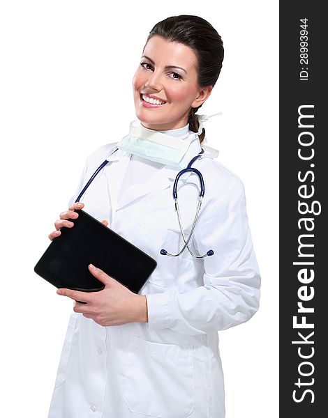 Young beautiful woman doctor with tablet on white. Young beautiful woman doctor with tablet on white