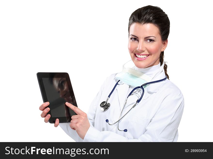 Young Beautiful  Woman Doctor With Tablet