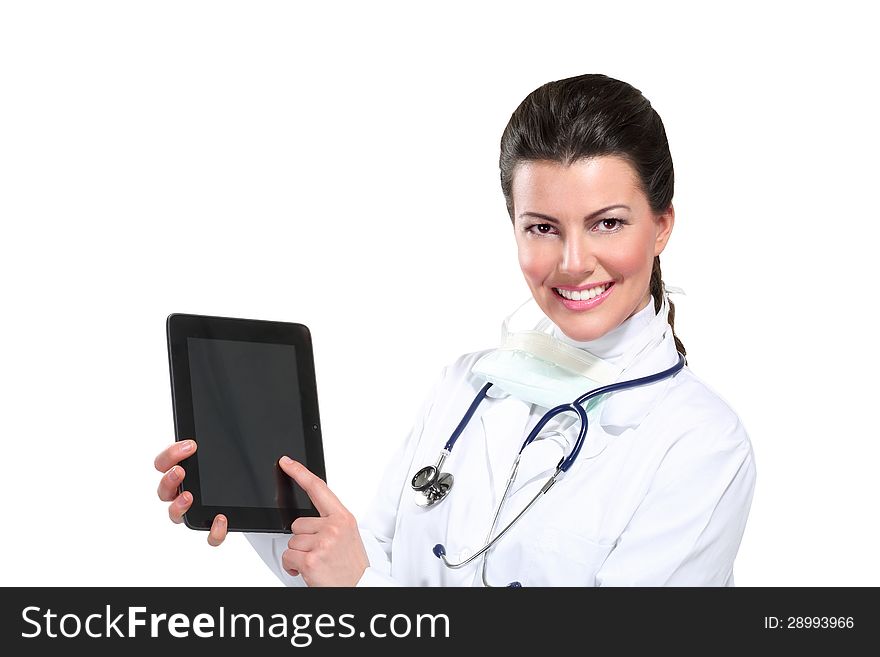 Young beautiful  woman doctor with tablet