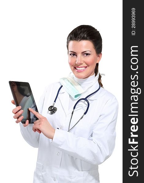 Young Beautiful  Woman Doctor With Tablet