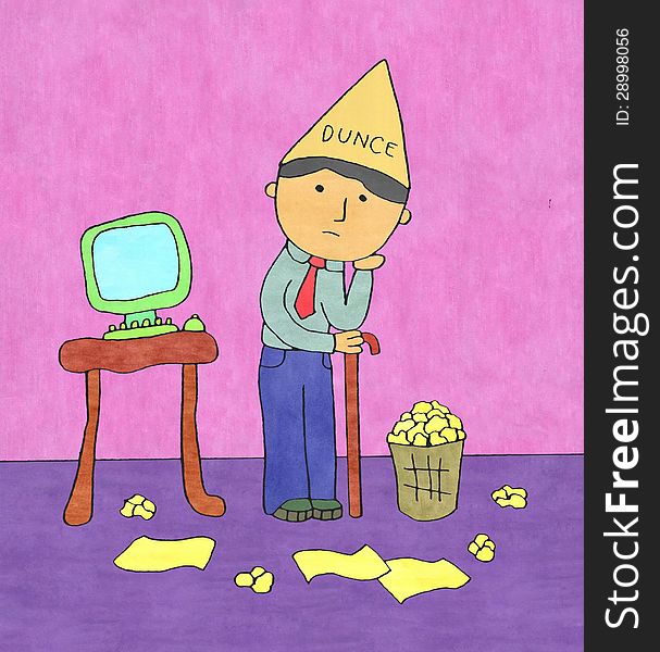 A business man with a dunce hat with scattered papers on the floor. A business man with a dunce hat with scattered papers on the floor