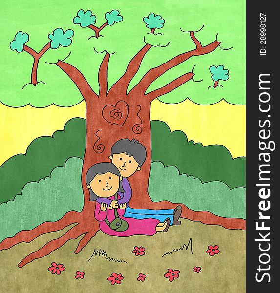 A cartoon couple sitting and hugging under the shade of a tree