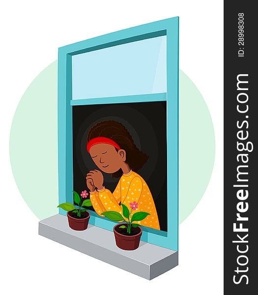 African girl praying in the window. suitable for children-religious artwork