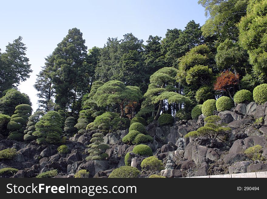 Japanese Buddhist temple slope garden trees at Naritasan, Japan. Japanese Buddhist temple slope garden trees at Naritasan, Japan