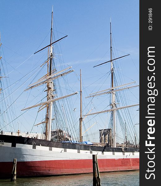 This is a shot of a tall ship docked near the Fulton Street Fish Market in lower Manhattan.