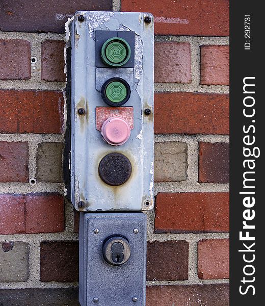 Control buttons for factory parking lot gate. Control buttons for factory parking lot gate