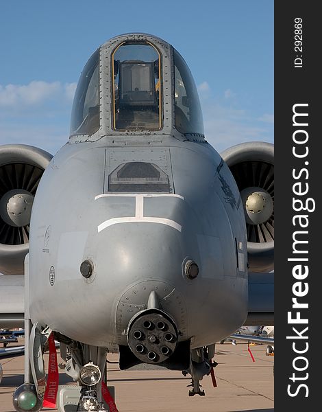 An intimidating, close-up view of the A-10. An intimidating, close-up view of the A-10.