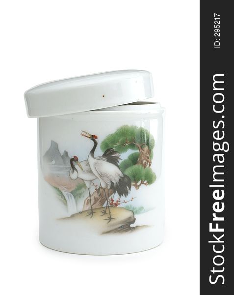 Chinese ceramic container with lid and screen print of a peaceful chinese painting. Chinese ceramic container with lid and screen print of a peaceful chinese painting.