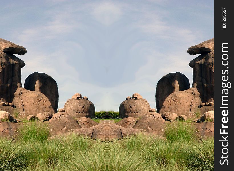 Symmetric rock formation made from a pillar of rocks into what could be seen as a pass of some sort. Symmetric rock formation made from a pillar of rocks into what could be seen as a pass of some sort