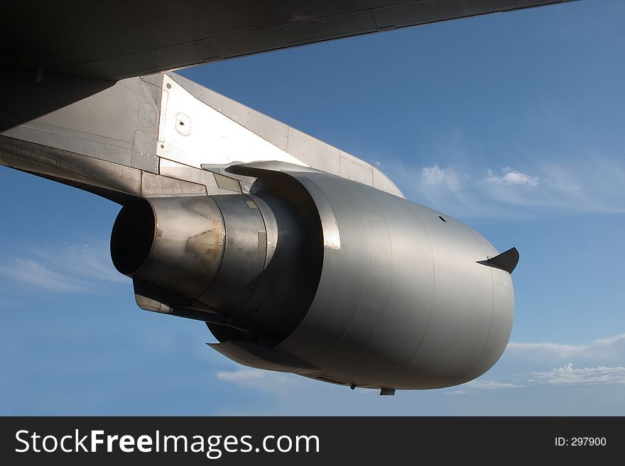 View of one of the jet engines on the second largest military aircraft in the world. Taken from underneath the port wing.