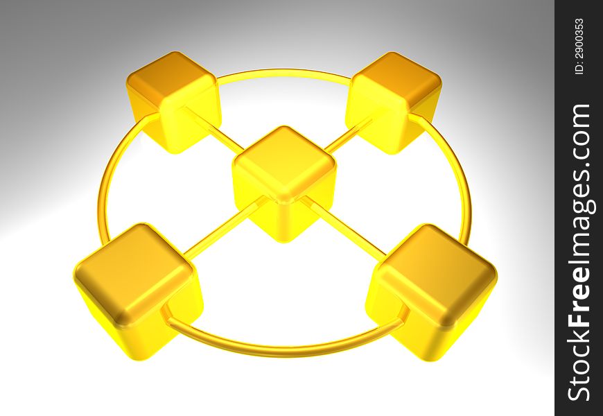 3d rendering of network node with 5 elements. 3d rendering of network node with 5 elements