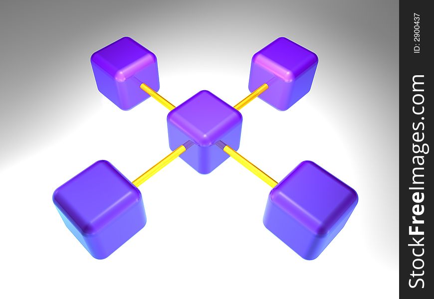3d rendering of network node with 5 elements. 3d rendering of network node with 5 elements