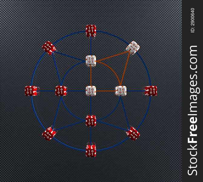 3d Rendering of Network Consisting of Linked Cubes With Ones and Zeros Texture
