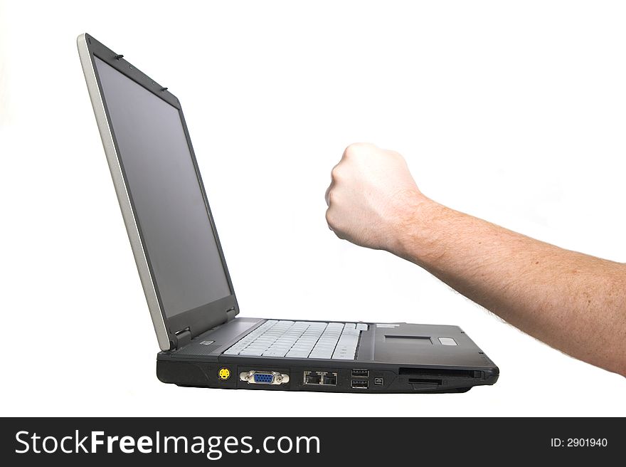 Laptop notebook isolated on white with angry fist