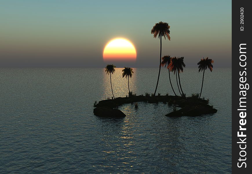 Sunset coconut palm trees on small island - 3d illustration.