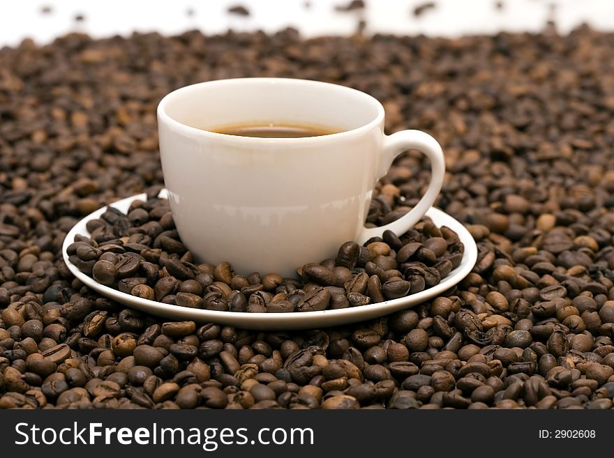 Coffe beans in cup on coffee background