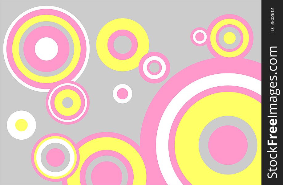 White, pink and yellow circles on a grey background. White, pink and yellow circles on a grey background.