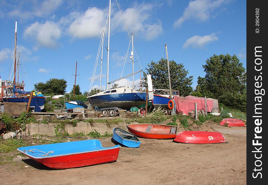 A boat yard were boats and yaghts are stored to be repaired