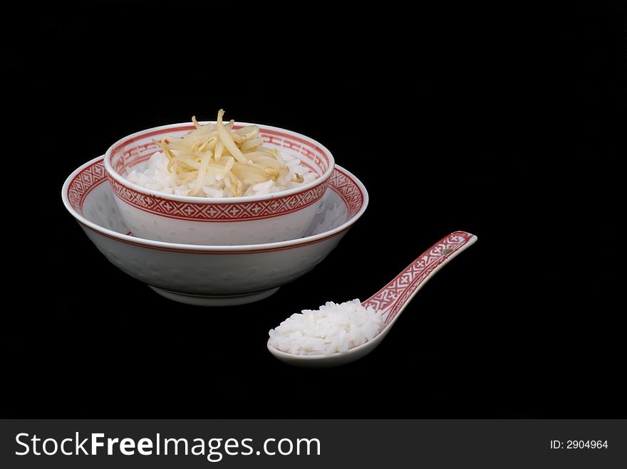 Chinese dinner-set with rice and bean sprouts. Chinese dinner-set with rice and bean sprouts.