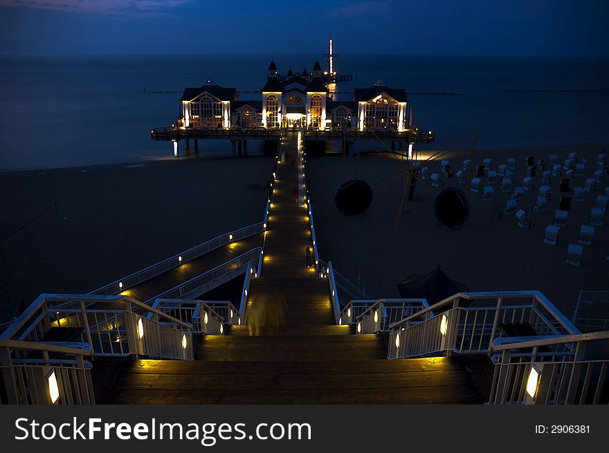 Night view at the Sea Bridge and the beach in Sellin on Ruegen Island