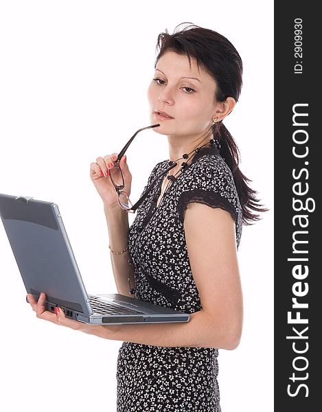 The woman with notebook has reflected, on white background