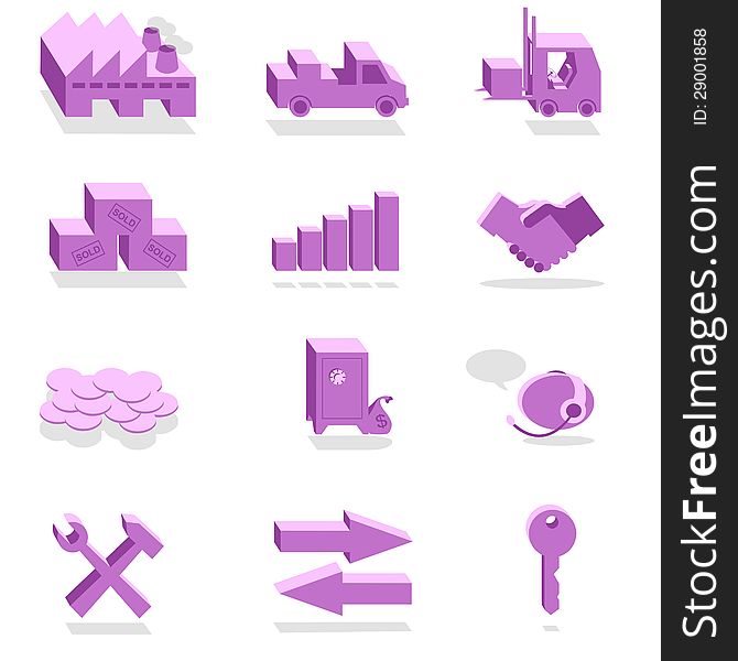 A set of violet icons about finance and industry. A set of violet icons about finance and industry.