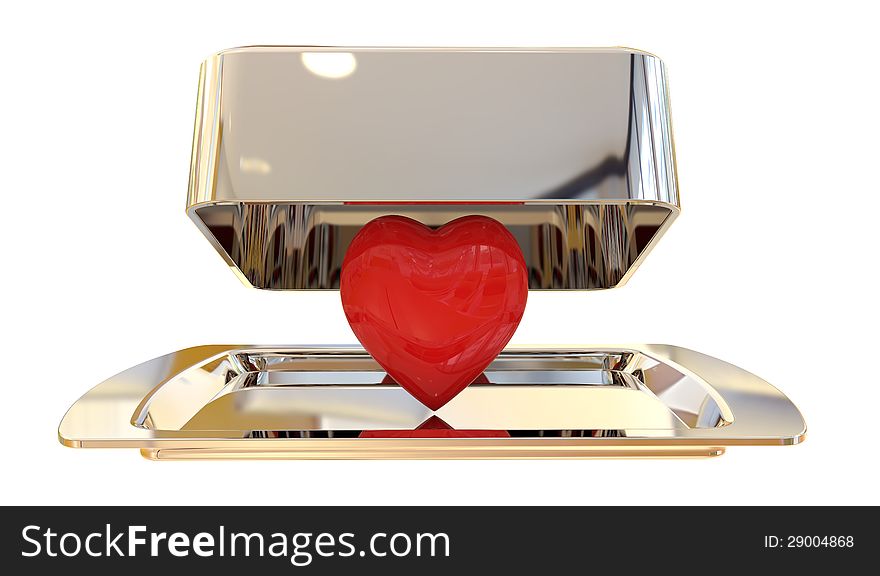 Heart on steel tray with open lid. Heart on steel tray with open lid