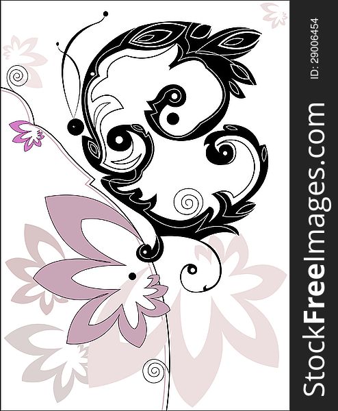 Decorative black butterfly on decorative pink flower on white background. Decorative black butterfly on decorative pink flower on white background