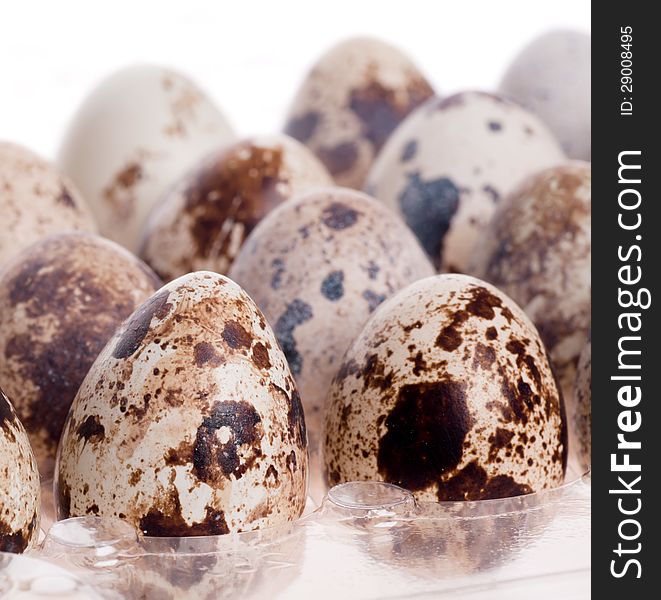 Quail eggs in a number of close-up on white. Quail eggs in a number of close-up on white